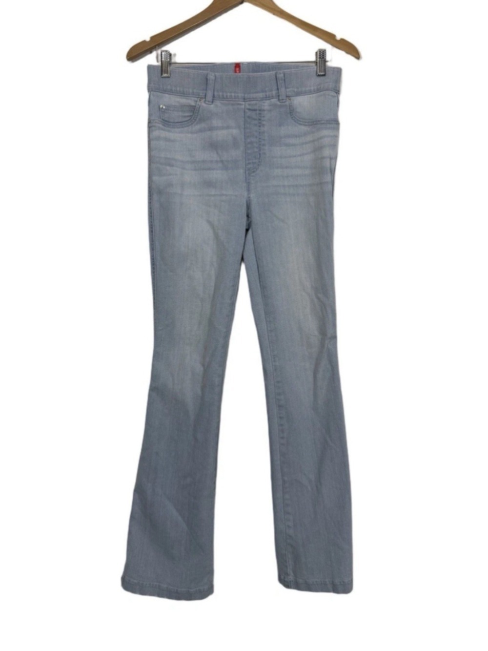 Spanx Flare Denim Pull On Jeans MED Blue Light Wash Stretch $148 Comfort Boho